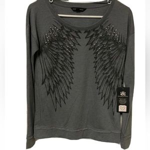 Rock & Republic Green Soft Top with Bling and Wing like Design Sz XS